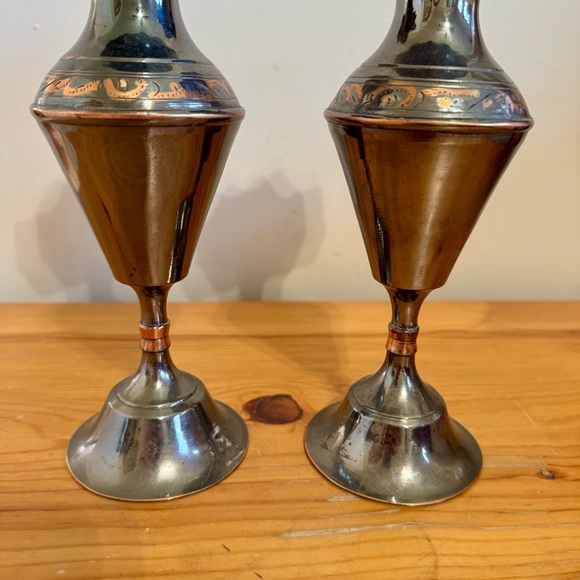 Vintage Bud Vase Set Pair Hand Etched Metal Dark Silver Copper Color - Picture 4 of 7